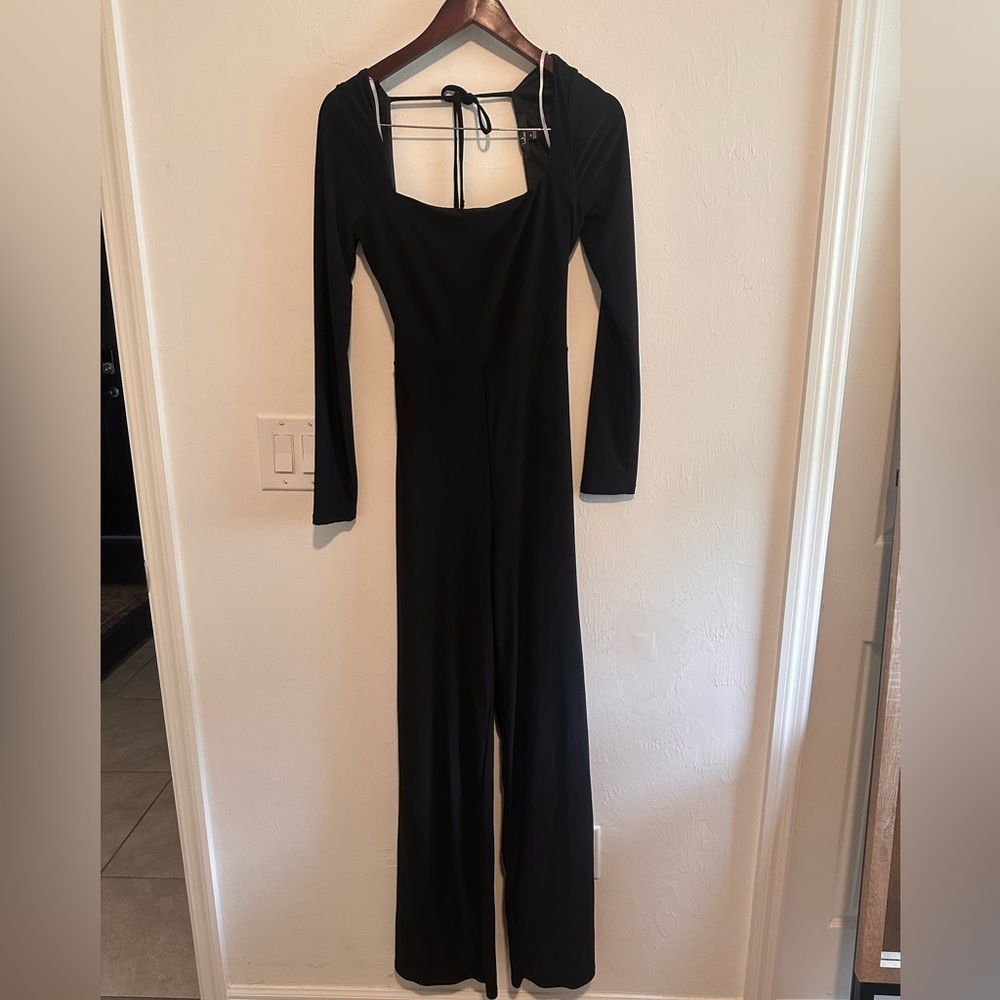Lulus Night Out Attitude Black Ruched Tie-Back Long Sleeve Jumpsuit SzM - Picture 3 of 9